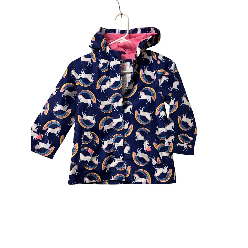 Carters Girls Navy‎ Unicorn Rainbow Hooded Raincoat Jacket Pink Lining Size 5-6